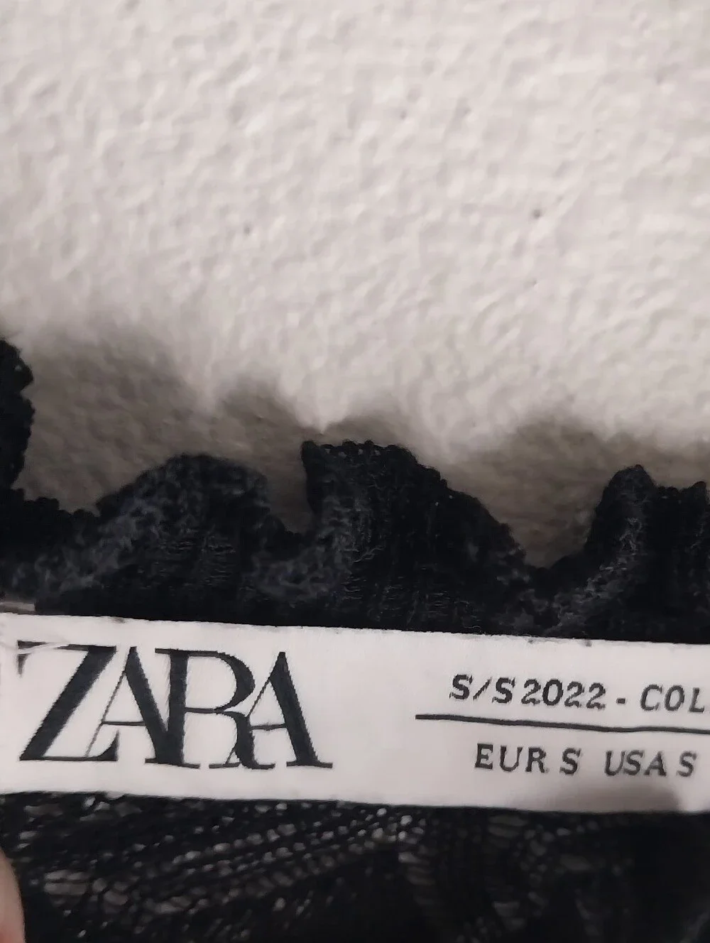 Zara Black Sheer Lace Pointelle Knit Ruffle Trim Long Bell Sleeve Top NWOT